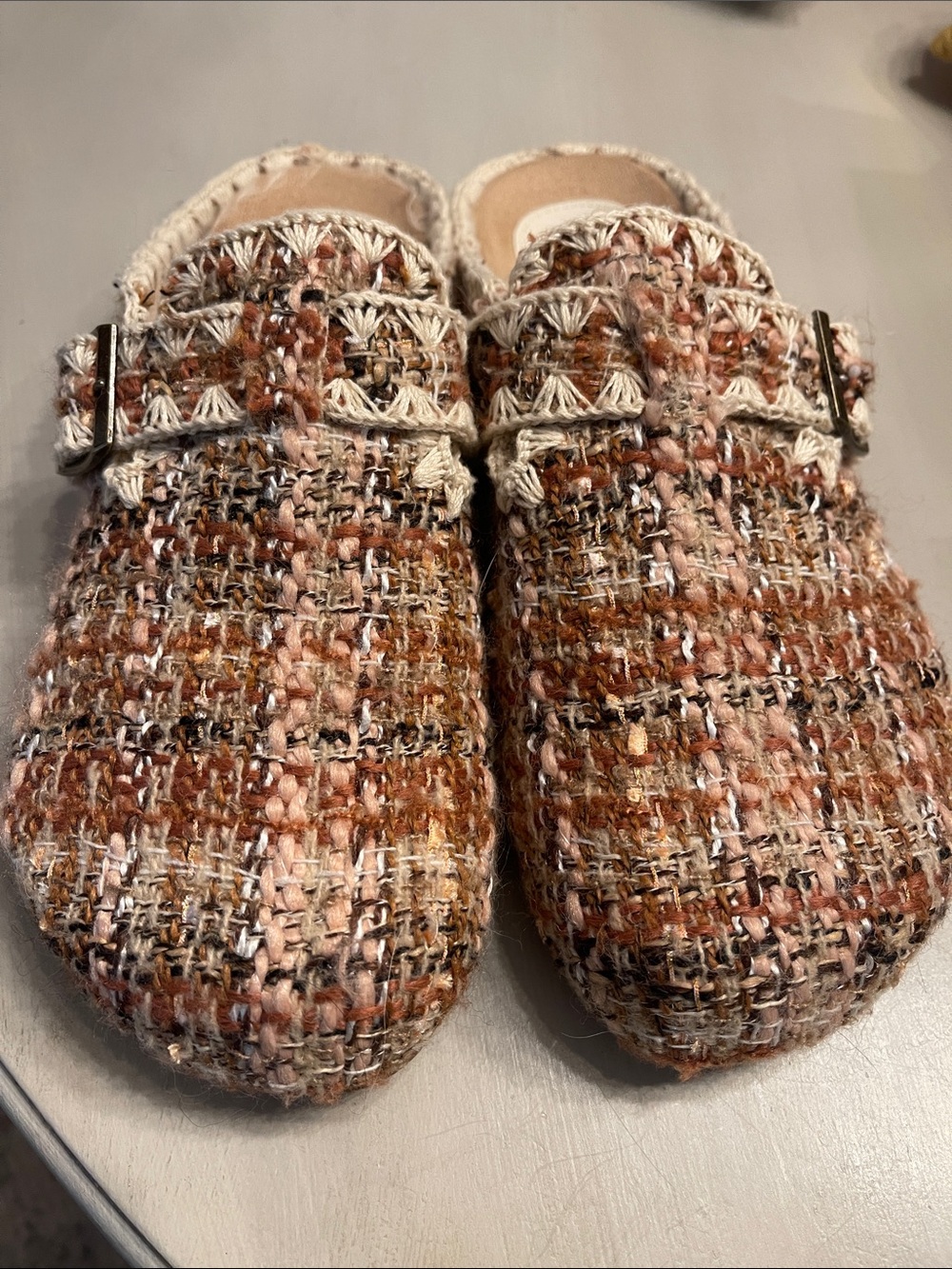 Oasis Tweed Buckle Slip-On Mules in Rust and Pink